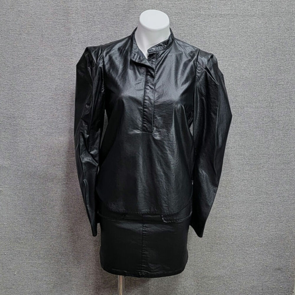 KARLIE FAUX LEATHER PUFF SLEEVES BLACK TOP, SIZE M